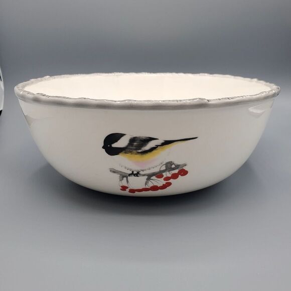 Global Design Kate Williams Winter Chickadee Gray Trim Berries 10" Veg. Bowl - Picture 3 of 9